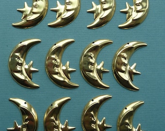 Vintage bright gold large quarter moon with star 1-sided stamping. Made in USA, 25 x 38mm, Qty. 12 CC21