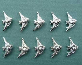 Vintage bright silver plated angel fish charm, made in USA, 28 x 15mm, Qty. 10 (CS6)