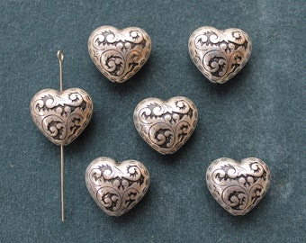 Vintage antique silver plated decorative puffed heart. Made in USA, 2 sided, 20x19mm, qty.6  CC74
