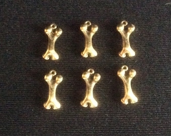 Vintage antique gold casted puffed dog bone charm,  double sided, made in USA, 9mm x 22mm, Qty. 6 CP3