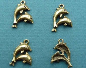 Vintage casted antique gold plated dolphins charm, made in USA, 18 x 16mm, Qty. 4 (CS23)