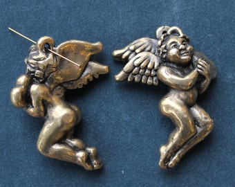 Vintage antique gold plated large puffed angel with heart (with bail). Made in USA, 2 sided, 55x75mm, qty. 2  CC58