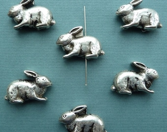 Vintage antique silver plated puffed bunny charm, made in USA, 28 x 20mm, Qty. 6 (CA34)