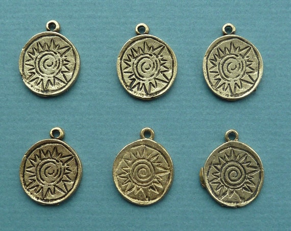 6 Antique Silver Plated Sun Face Charm Beads 17MM