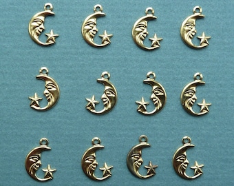 Vintage bright gold stamping small quarter moon with star flat back charm. Made in USA, 10 x 12mm Qty. 12 CC18