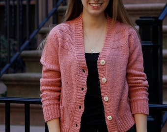 Vintage 1970's Pink Cardigan Sweater with White Mother of Pearl Buttons.