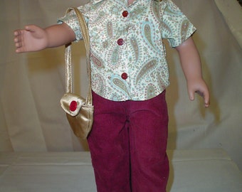 18" doll clothes 3-piece maroon/green paisley blouse/top, maroon corduroy pant, beige purse, made to fit American Girl or similar doll