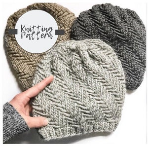 May include: Three knitted hats in different colors: beige, gray, and light gray. The hats have a textured pattern and are made with a chunky yarn. The hats are stacked on top of each other. The text "Knitting Pattern" is written in white on a black background.