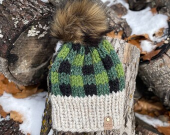 Green Buffalo Plaid Knit Hat | Women's Winter Beanie with Faux Fur Pom