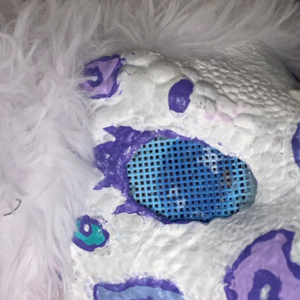 Premade Dino mask kawaii- White Fur, white, purple, pink, turquoise face colors.