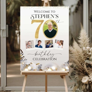 Letrero de bienvenida personalizado para cumpleaños número 70, mira quién tiene 70, póster para fiesta de cumpleaños número 70, decoración imprimible para cumpleaños de adultos número 70, regalo de cumpleaños para mujeres y hombres