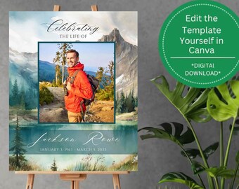 Editable Photo Sign Template for Memorial Funeral, Celebrating the Life Honoring Memory Funeral Sign, Easel Display Collage Poster Mountains