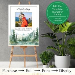May include: A printable memorial poster template featuring a watercolor illustration of a forest scene with a lake and mountains. The poster includes a photo placeholder, the text "Celebrating the Life of", a name, and dates. The poster is designed to be edited in Canva and downloaded digitally.