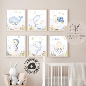 Under the Sea Watercolor Nursery Prints, Nautical Ocean Animal Wall Art, Sea Animal Posters, Boy or Girl Nursery Playroom Decor Digital File