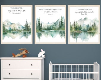 Watercolor Mountain Prints Living Room Nursery Wall Art Woods Forest Rustic Woodsy Inspirational bible verse Decor green trees Digital Files