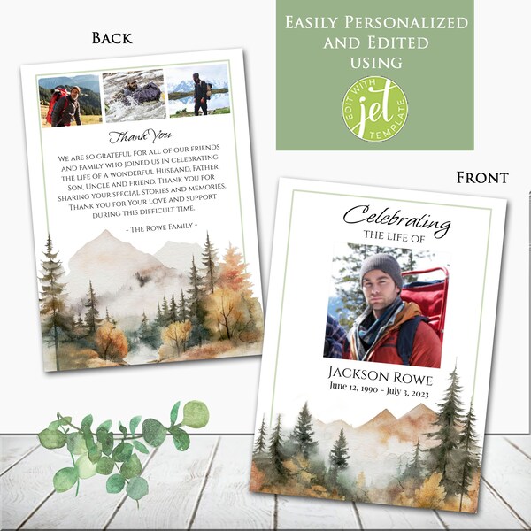 Editable Mountain Outdoors Forest Hiker Photo Memorial Funeral Program Template Printable Celebration Celebrating the Life Collage Honoring