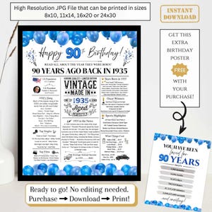 90th Birthday Newspaper Poster, Back in 1935 Facts for 90 years Adult Birthday, Printable Gift Dad Mom Grandpa Blue Balloons NOT EDITABLE