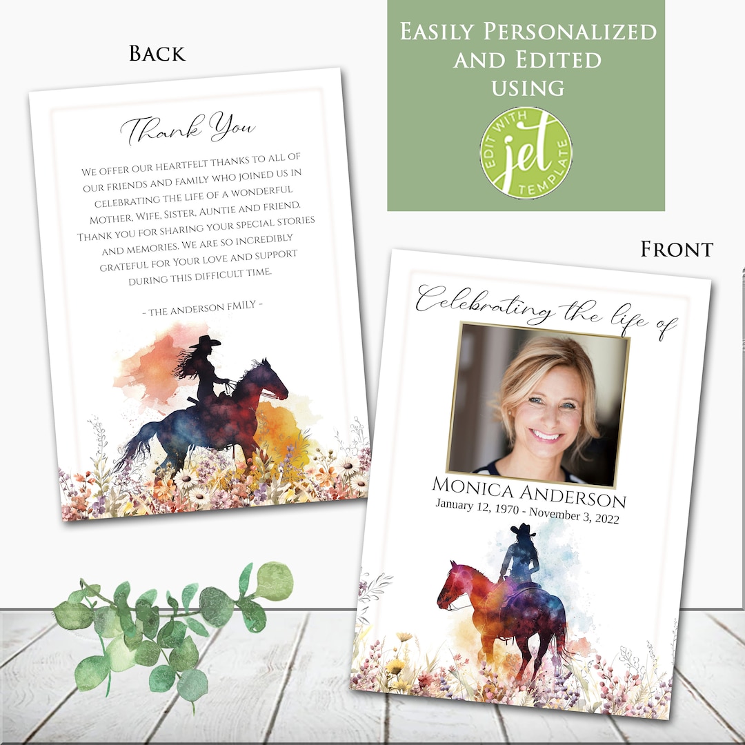 Editable Cowgirl Western Outdoors Horse Photo Memorial Funeral Program ...