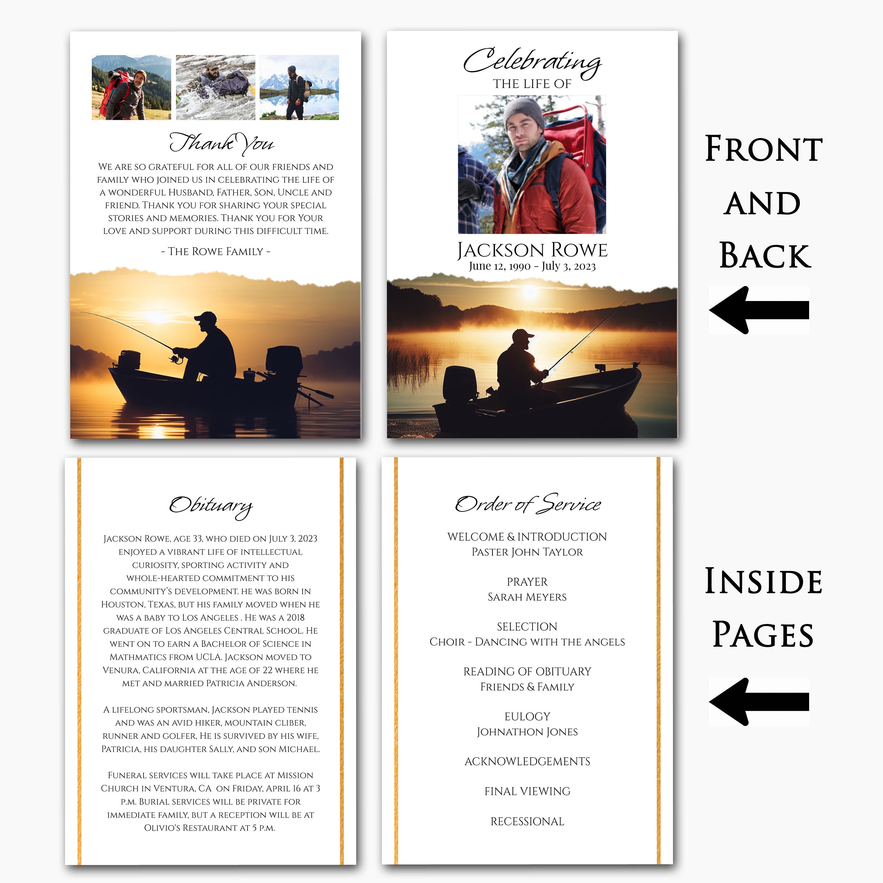 Fish Funeral Program Design Editable Fishing Mountain Outdoors Fisherman Photo Memorial Funeral ...
