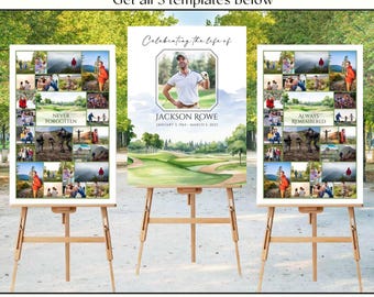 Set of 3 Editable Golf Funeral Photo Collage Templates, Celebrating the Life Honoring Memory Funeral Sign, Memorial Easel Display Poster set