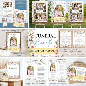 May include: A funeral bundle with a wildflower theme. Includes programs, prayer cards, bookmarks, thank you cards, and signs. The signs are 8x10 inches and 16x20 inches. The cards and signs feature a photo of a woman and the text "In Loving Memory".