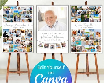 May include: Three white poster boards with black text and photos. The left poster board has a collage of photos and the text "Always Remembered". The middle poster board has a photo of a man and the text "Celebrating the Life of Michael Monroe July 13, 1943 May 1, 2024". The right poster board has a collage of photos and the text "Never Forgotten".