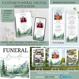 Puede incluir: Un paquete de invitaciones digitales para funerales con un fondo de paisaje de montaña de acuarela. El paquete incluye una invitación de 5x7 pulgadas, un marcapáginas de 7x2,5 pulgadas y dos carteles de 11x14 pulgadas. La invitación y el marcapáginas presentan una foto de una persona en un entorno forestal. Los carteles presentan un collage de fotos con el texto "Siempre recordado" y "Nunca olvidado". El texto "Invitación digital para funerales personalizada" y "Paquete de funerales" también se incluye en la imagen.