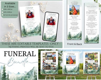 Editable Mountain Forest Photo Memorial Funeral Digi Invitation Bundle Template Printable Celebration of Life Collage Posters Outdoors Canva