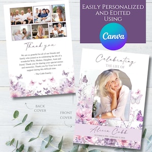 Editable Lavender Flowers Butterfly Floral Memorial Funeral Program Template, Butterflies Wildflowers Printable Celebration of Life, Canva