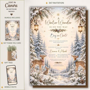 May include: A 5x7 winter-themed gender reveal invitation featuring snowy pine trees, two deer with scarves, a rabbit, and hanging lanterns. The text reads A Winter Wonder Is On The Way, Boy or Girl, and includes event details for Emma and Mark.