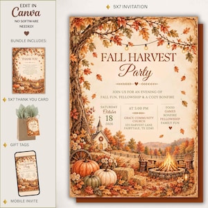 May include: A 5x7 inch Fall Harvest Party invitation template featuring a watercolor illustration of a church, pumpkins, and a bonfire. The design includes text for event details, a matching thank you card, gift tags, and a mobile invite version.