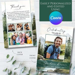 Modelo de programa funerário de 4 páginas, foto editável de caminhada na floresta ao ar livre na montanha, celebração da vida, obituário para impressão, memorial em massa fúnebre