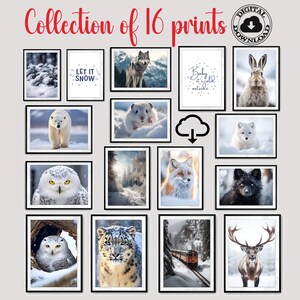 16 Winter Animal prints, Christmas set wall art for digital download, Snow Winter printables, holiday wall decor bundle, printable wall art