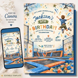 May include: A digital birthday invitation template featuring a watercolour illustration of a trampoline park with a child jumping. Text includes Jackson's 9th Birthday, date, time, location, and RSVP details. The design includes blue and orange accents.