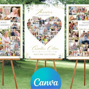 Set of 5 Editable Funeral Photo Collage Templates, Celebrating the Life Heart Memory Sign, Memorial Display Poster set Forever in Our Hearts