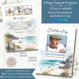 4- Page Editable Beach Outdoors Ocean Photo Memorial Funeral Program Template Printable Celebration Celebrating the Life Collage Honoring