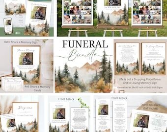 Editable Mountain Forest Photo Memorial Funeral Program Bundle, Template Printable Celebration of Life Collage Posters Sign, Outdoors Hiker