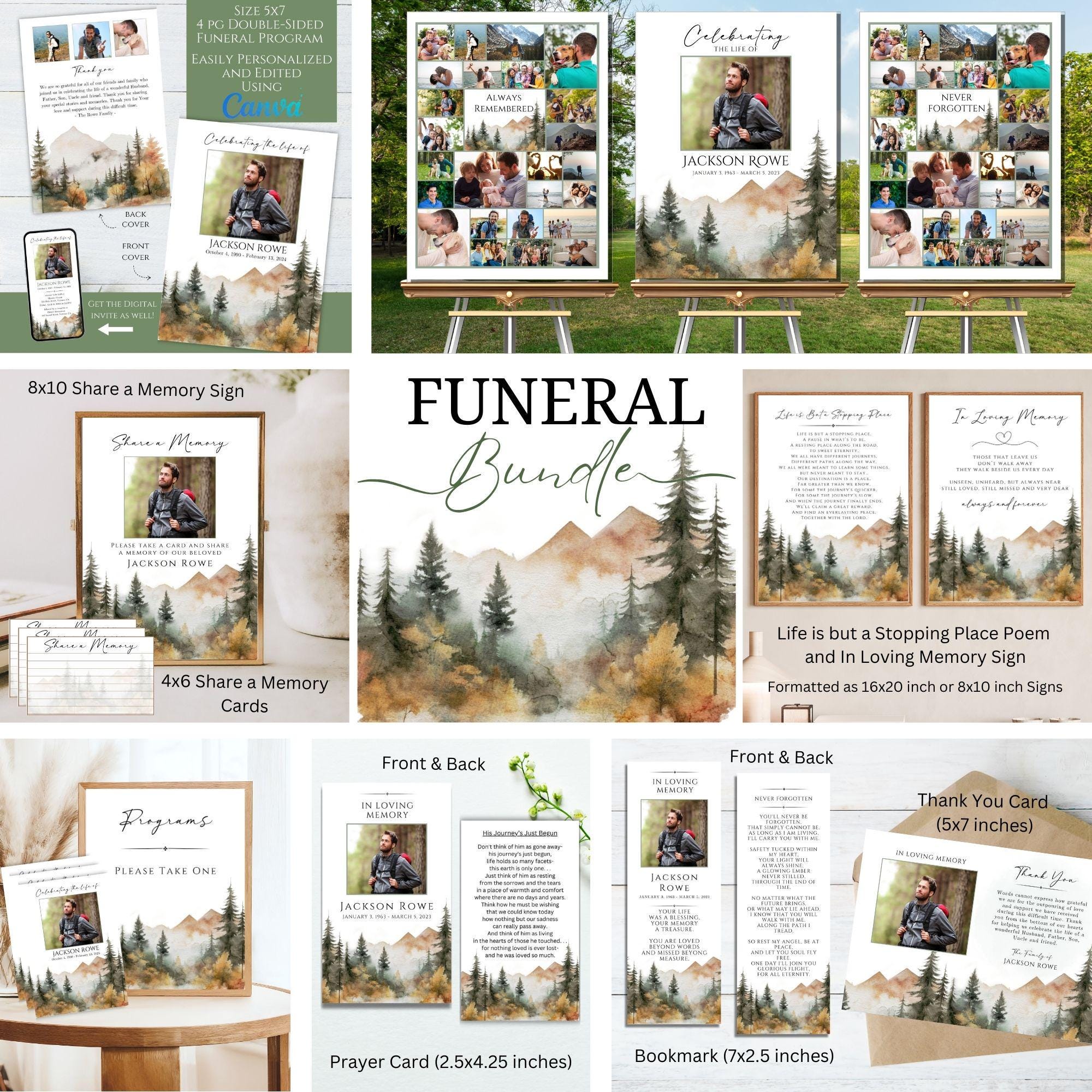 Bearbeitbares Bergwald-Foto-Memorial-Beerdigungsprogramm-Bundle, druckbare Vorlage zur Feier des Lebens Collage Poster Schild, Outdoor Wanderer