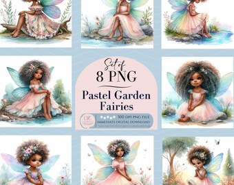 Imágenes prediseñadas de jardín de hadas en acuarela pastel, hada afroamericana, imágenes prediseñadas de hadas afro, imágenes prediseñadas de hadas negras, hada afro PNG, uso comercial
