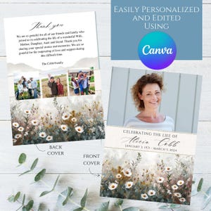 Könnte beinhalten: Eine druckbare Gedenkkarte mit einem floralen Design mit weißen Gänseblümchen und grünem Laub. Die Karte zeigt auf der Vorderseite ein Foto einer Frau und eine Nachricht mit dem Text "Celebrating the life of Alicia Cobb, 3. Januar 1971 - 5. März 2024". Die Rückseite der Karte enthält eine Dankesbotschaft und eine Fotocollage der Verstorbenen.