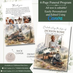 May include: A 4-page funeral program with editable text, personalised with Canva. The front cover features a photo and the text "Celebrating the life of JACKSON ROWE." The back cover says "Thank you." Available in 25.4 x 17.8 cm and 27.9 x 21.6 cm.