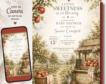 May include: A baby shower invitation template featuring an apple orchard scene with a basket of red apples, a wooden fruit stand, and text that reads A LITTLE SWEETNESS is on the way, honoring Susan Crawford, with event details and date.
