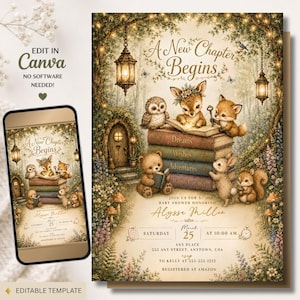 Könnte beinhalten: Eine Babyparty-Einladungsvorlage mit einer Waldszene, die ein Rehkitz, eine Eule, einen Fuchs, einen Bären und ein Eichhörnchen um einen Bücherstapel zeigt. Der Text lautet A New Chapter Begins, zu Ehren von Alysse Miller am Samstag, 25. März, 10:00 Uhr.