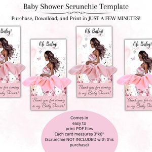 Baby douche Scrunchie sjabloon Bedankkaart, baby shower partij gunst, zwangere vrouw silhouet, tag Scrunchie houder, digitale download