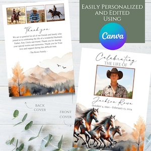 Editable Cowboy Cowgirl Western Horses Mountain Photo Memorial Funeral Program Template, Printable Celebration of Life, Honoring in Memory
