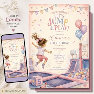 Puede incluir: Una plantilla de invitación de cumpleaños digital con una ilustración en acuarela de un niño saltando en un trampolín. El texto dice: HIP HIP HOORAY! LET'S JUMP & PLAY! as we celebrate Emma's 5TH BIRTHDAY, Saturday, June 14, 2026, 1:00-3:30 PM, Sky High Jump Park, 123 Bounce Way, Happyville, CA 12345, RSVP to Melissa 555-123-4567.