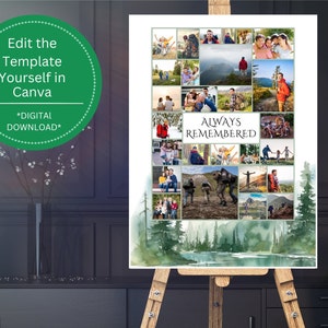 May include: A digital printable collage template featuring a watercolor background of a forest scene with a lake. The collage is filled with photos of people enjoying the outdoors. The text "ALWAYS REMEMBERED" is in the center of the collage.