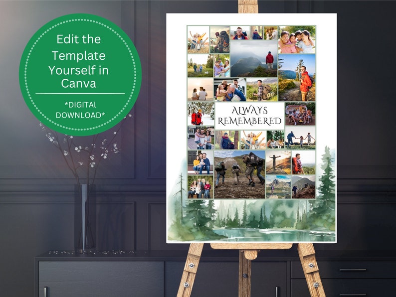 May include: A digital printable collage template featuring a watercolor background of a forest scene with a lake. The collage is filled with photos of people enjoying the outdoors. The text "ALWAYS REMEMBERED" is in the center of the collage.