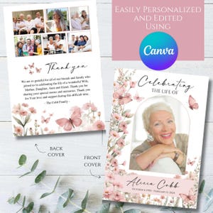 Editable Pink Mauve Flowers Butterfly Floral Memorial Funeral Program Template, Butterflies Wildflowers Printable Celebration of Life, Canva