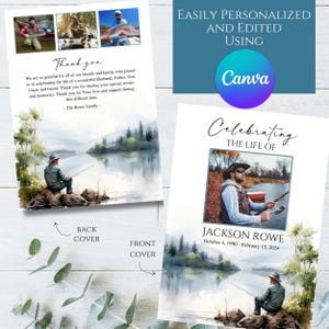Plantilla de programa funerario conmemorativo fotográfico de pescador al aire libre, pesca en la montaña, editable, imprimible, celebración, celebración de la vida, honrar